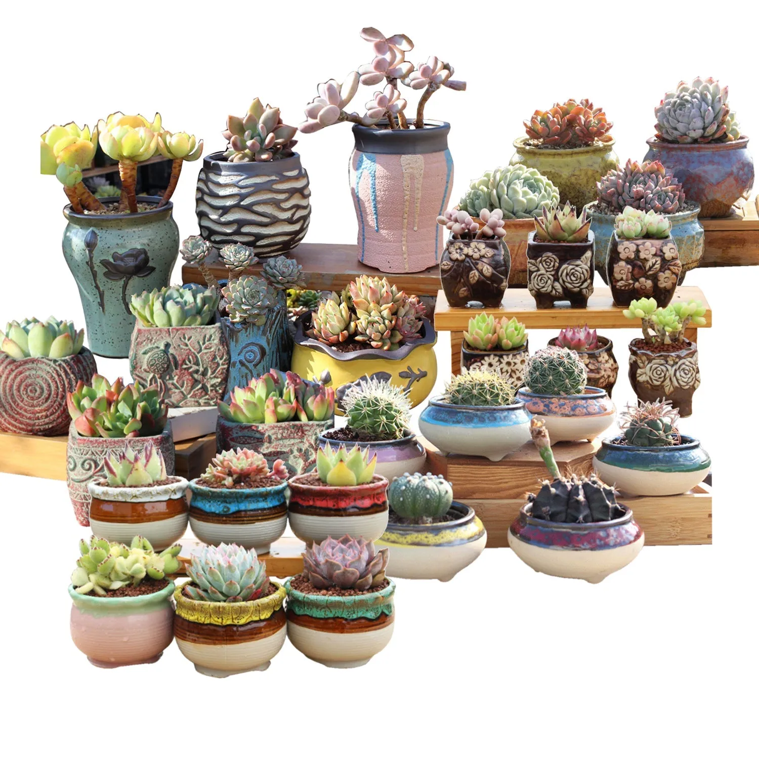 4/5/6 Pots Set Ceramic Clay Pottery Pots | Succulent Flower Planter, Draining Hole (Style 04# 6 Pots Set)