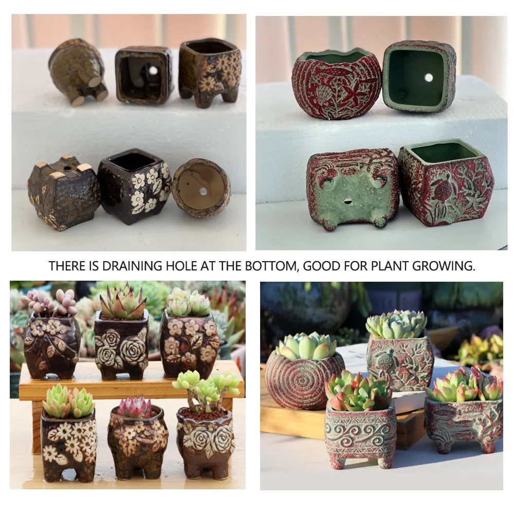 4/5/6 Pots Set Ceramic Clay Pottery Pots | Succulent Flower Planter, Draining Hole (Style 04# 6 Pots Set)