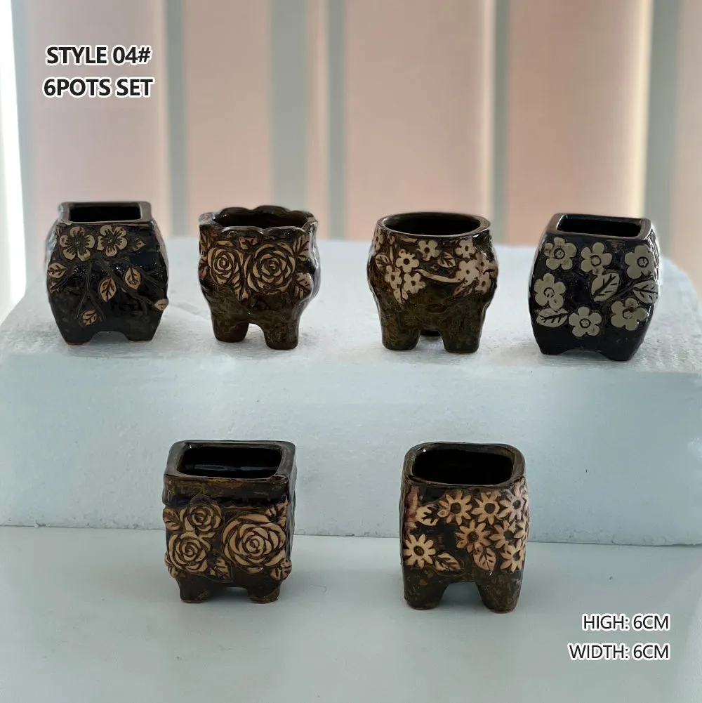 4/5/6 Pots Set Ceramic Clay Pottery Pots | Succulent Flower Planter, Draining Hole (Style 04# 6 Pots Set)