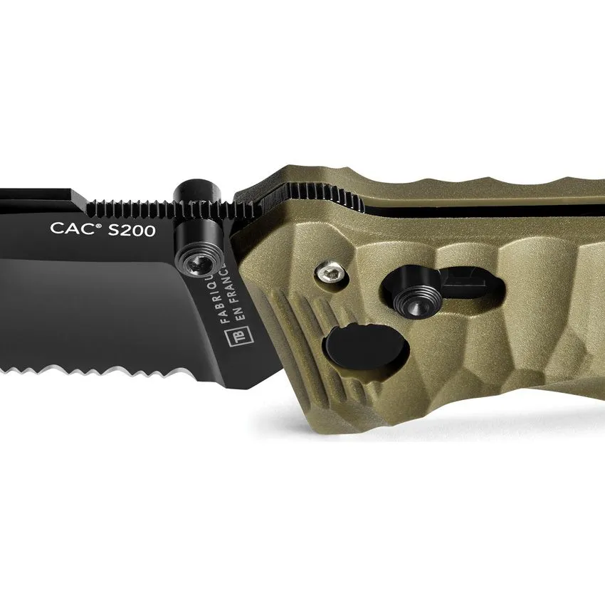 C.A.C. S200 Axis Lock OD Green Pocket Knife (Grain imprinted handle) (No Corkscrew) (Serrated Blade)