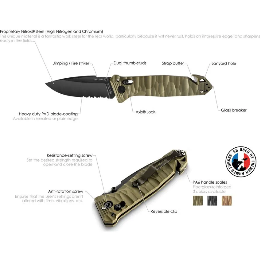 C.A.C. S200 Axis Lock OD Green Pocket Knife (Grain imprinted handle) (No Corkscrew) (Serrated Blade)