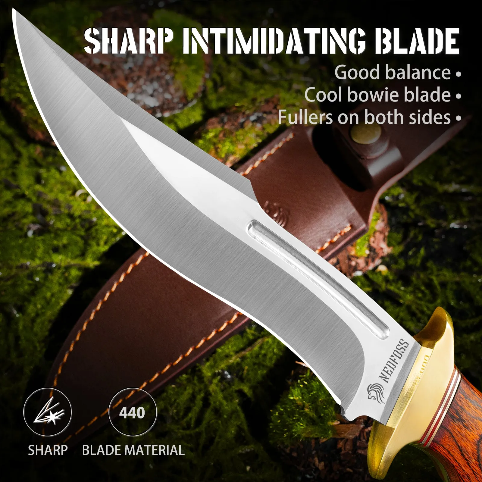 Nedfoss SA78 Fixed Blade Bowie Knife with Leather Sheath,  7" 440 Blade