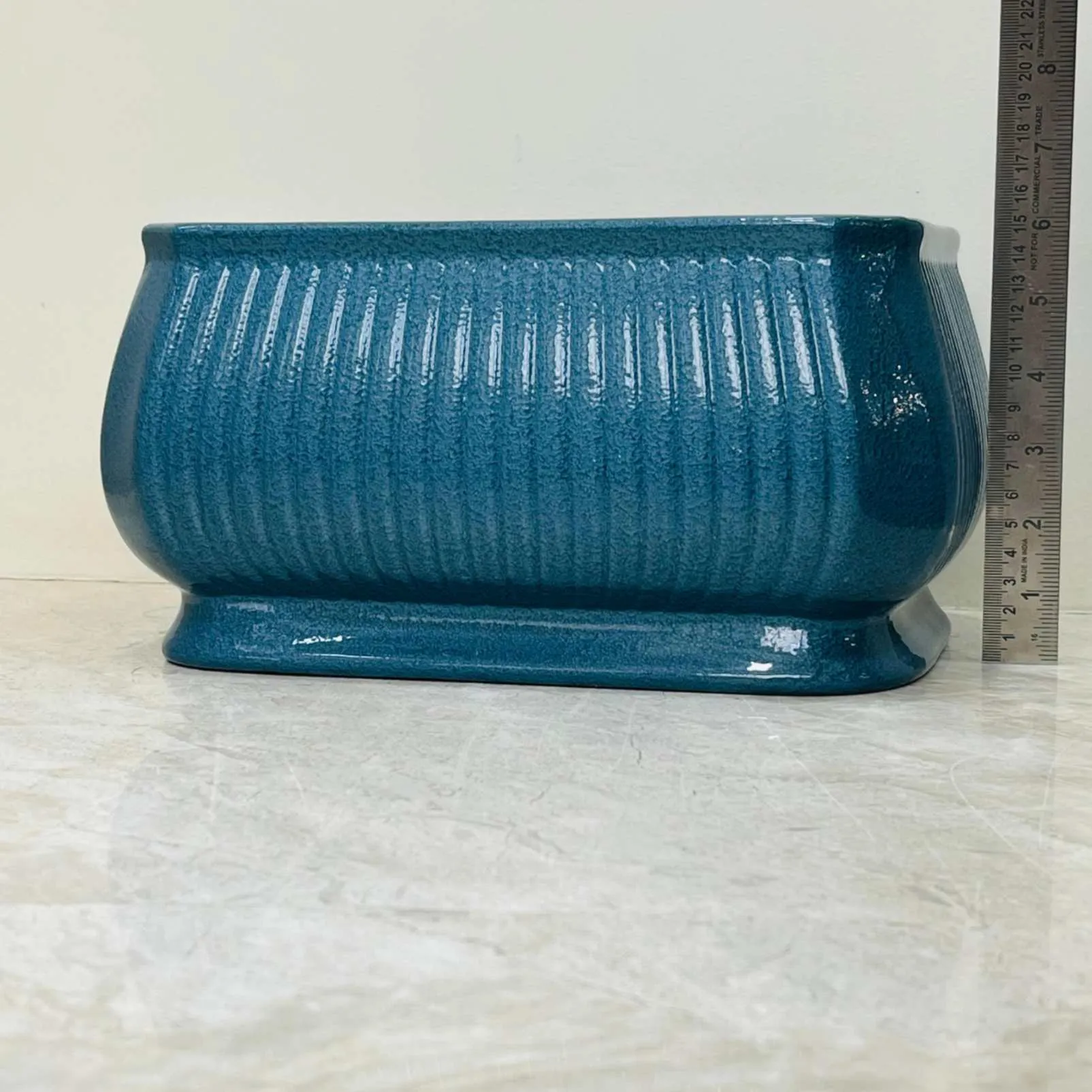 Set of 2 Blue Ribbed Rectangular Ceramic Planter