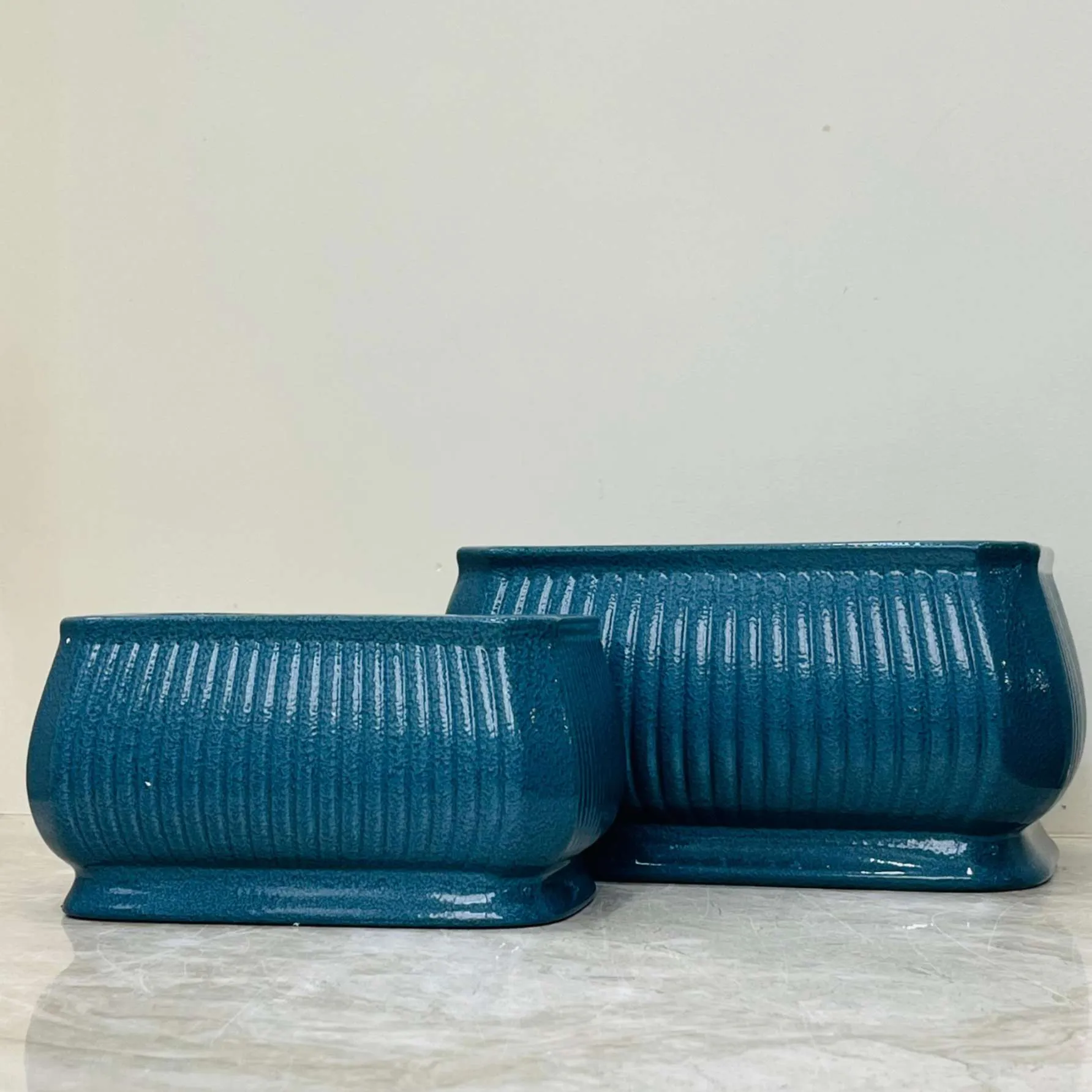 Set of 2 Blue Ribbed Rectangular Ceramic Planter