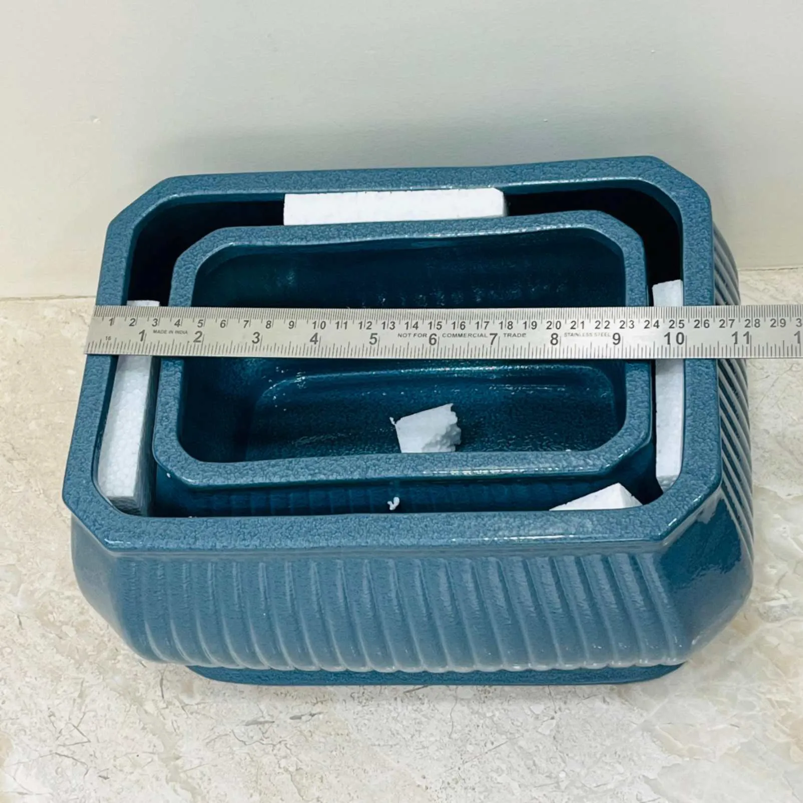 Set of 2 Blue Ribbed Rectangular Ceramic Planter